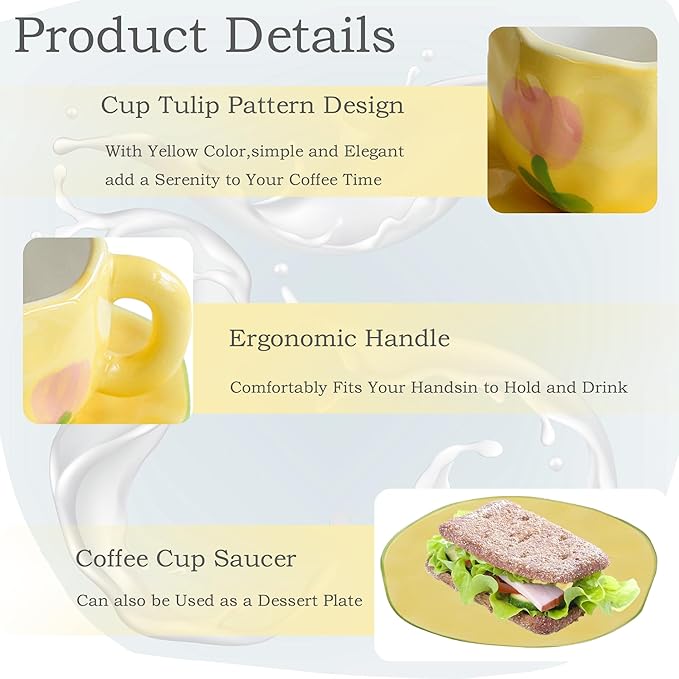 Coffee Mugs Set with Saucer Cute Yellow Tulip Cup Gifts Tea Coffee Mug 250 ML Ceramic Flowers Cup Birthday Gift for Women Girls Mom Friend Coffee Mug