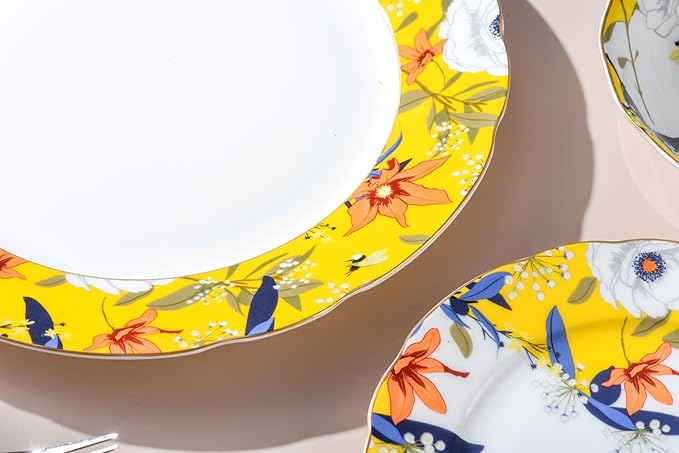 Exquisite ceramic tableware 3 Piece Bone China Modern Round Dishes Sets,Dinnerware dishset for Kitchen,Dinner Plate,Dessert Plate,Soup Bowl,Yellow flowers