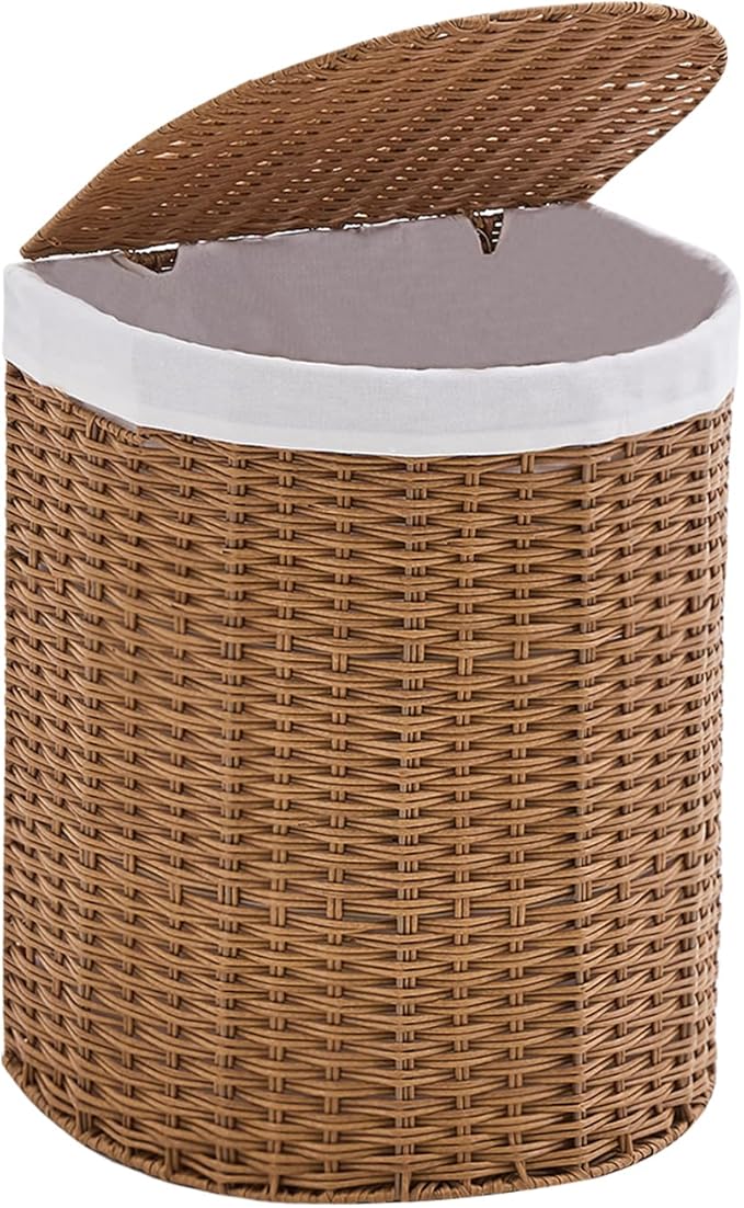 Wicker Half Moon Laundry Basket with Lid and 2 Replaceable Liner Bags, Handwoven Rattan Hamper for Dirty Clothes, Rattan, 60L