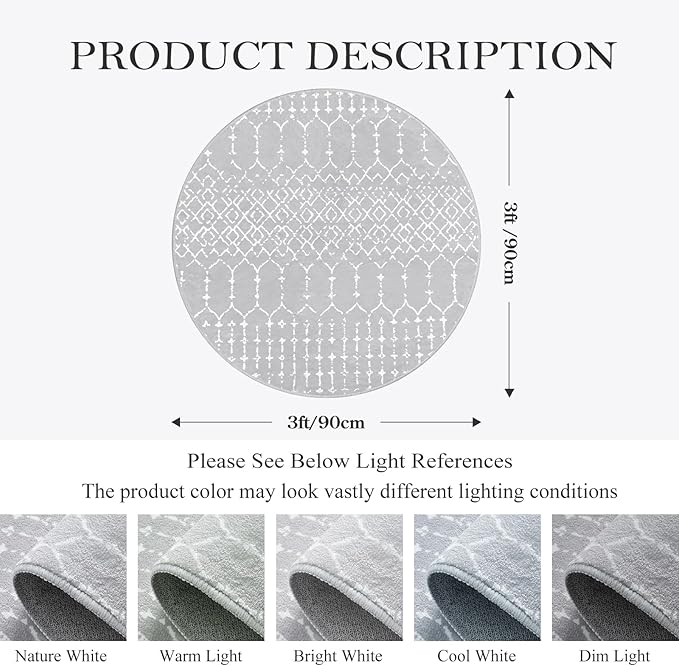Lahome Moroccan Round Washable Rug - 3Ft Small Circle Soft Non-Slip Grey Bathroom Rug, Stain Resistant Low Pile Entryway, Modern Geometric Print Indoor for Kitchen Sofa Doorway