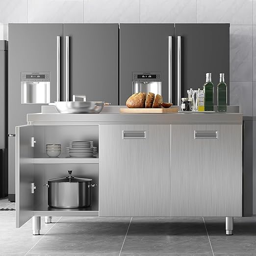 ZZV 59" x 21" Stainless Steel Table Cabinet for Prep & Work, Heavy Duty Prep Table with 3 Pull-Out Doors, Commercial Workbench with Cabinet for Kitchen, Restaurant, Hotel, Garage, and Warehouse
