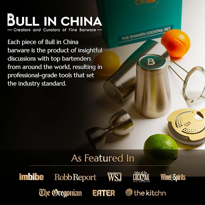 5 Piece Cocktail Kit by Bull In China - Premium Bartender Gift Set Includes Weighted 2 Piece Boston Shaker, Hammered Bell Jigger, Hawthorne Strainer & Fine Mesh Strainer (Gunmetal Black)