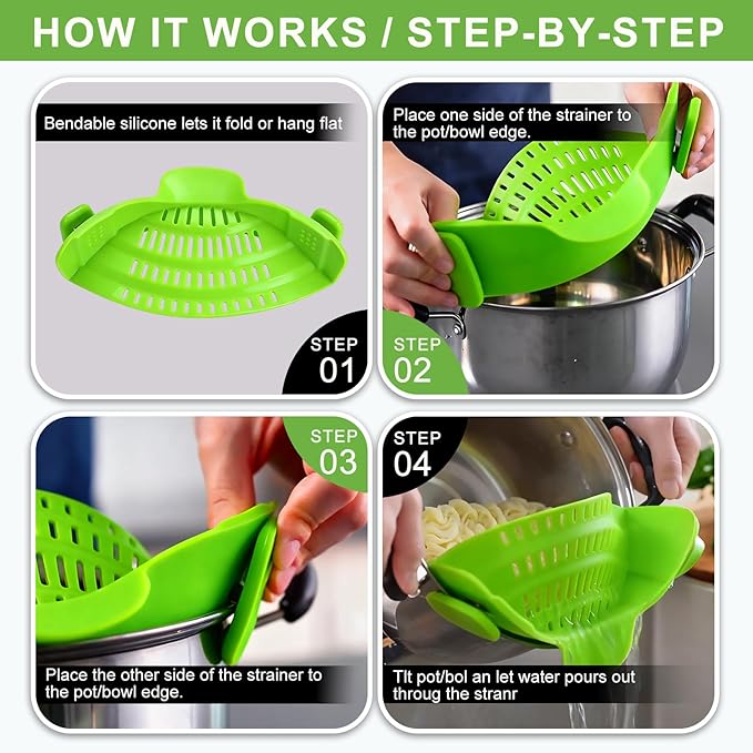 Clip-On Strainer - Universal Silicone Snap-on Colander for Draining Pasta, Vegetables & Grease – Heat-Resistant, BPA-Free, Heat Resistant, Fits Round & Oval Pots/Bowl