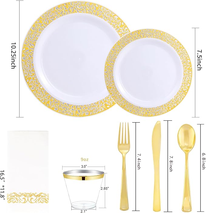 WELLIFE 210Pcs Gold Plastic Dinnerware - Disposable Silverware and Cups, Include:30 Dinner Plates, 30 Dessert Plates, 30 Paper Napkins, 30 Cups, 30 Gold Plastic Cutlery Set for Party and Christmas