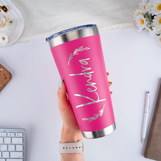 Updated, Personalized Tumblers, Stainless Steel 30 oz Tumbler w/Lid |13 Designs| Personalized Cups Double Walled Insulated Coffee Cup for Travel, Fitness | Hot & Cold Drink Use - Hot Pink