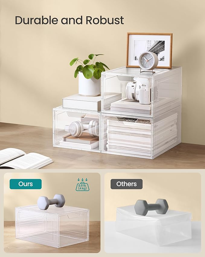 SONGMICS Shoe Boxes, Clear Shoe Organizers, Set of 6, Plastic Shoe Storage with Clear Door, Easy Assembly, up to US Size 13, Transparent White ULSP032W06