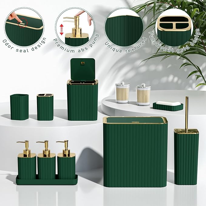 Bathroom Accessory Set - Bathroom Set, 27PC Bathroom Accessories Set, Dark Green Bathroom Sets with Shower Curtain and Rugs, Mini Trash Can, Toilet Brush, Trash Can & Soap Dispenser