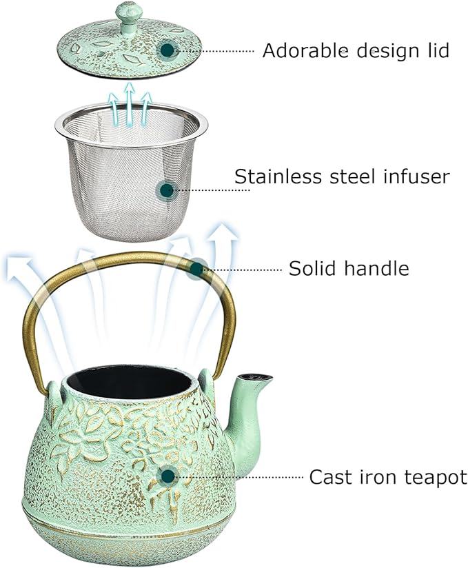 Sungmor Cast Iron Japanese Tetsubin Tea Kettle with Infuser - Stovetop Safe, Enameled Interior - 32 Ounce Light Green Teapot with Salix Leaf Pattern