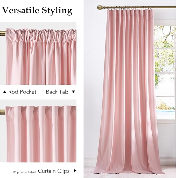 NICETOWN Pink Velvet Curtains 84 inch Long 2 Panels for Girls, Baby Pink Noise Reduction Rod Pocket Pleat Tape with Back Tab Soft Luxury Window Treatments for Nursery, W52” x L84“
