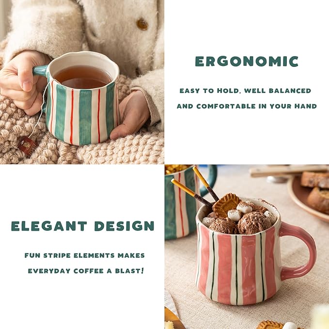 Striped Ceramic Coffee Mugs Set of 2, Pink and Green Stackable Stoneware Mugs for Morning Coffee, Tea & Cocoa, 12oz Dishwasher & Microwave Safe Mug Gift Set for Home & Office