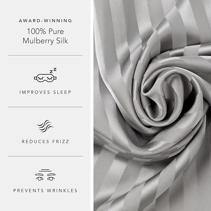Fishers Finery 30mm 100% Pure Mulberry Silk Pillowcase Set, Quality Tested (Gray Stripe, Queen, 2 Pack)