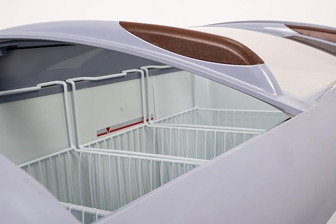 Frigidaire Commercial Chest Freezer for Ice Cream and Frozen Foods, Store Displayer, Glass Top Storage Case, 9 Cu. Ft. Bin, Rolling Caster Wheels, Adjustable Temperature, Energy Efficient Cooling