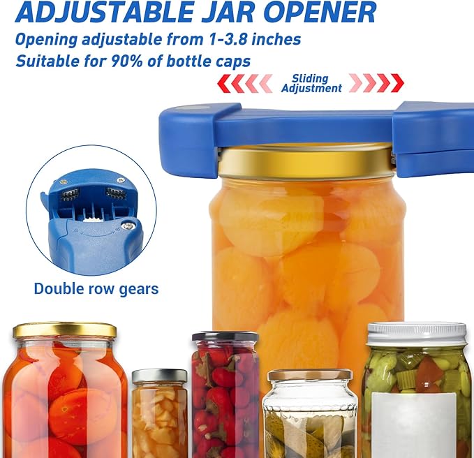 7 in 1 Jar Opener Bottle Opener and Wine Opener for Seniors with Arthritis, Weak Hands, Multi Retractable Magnetic Can Opener, Original Kitchen Lid Opener Tool (Blue)