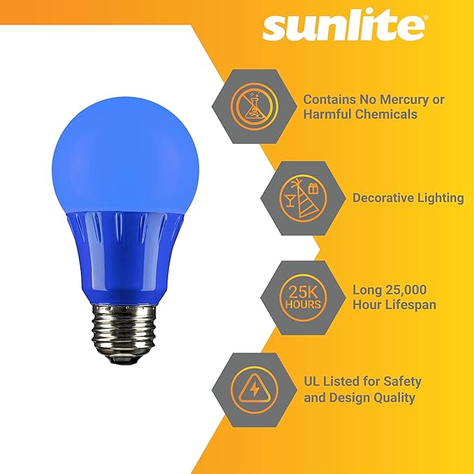 Sunlite 40468 LED A19 Colored Light Bulb, 3 Watts (25w Equivalent), E26 Medium Base, Non-Dimmable, UL Listed, Party Decoration, Holiday Lighting, 6 Count, Blue