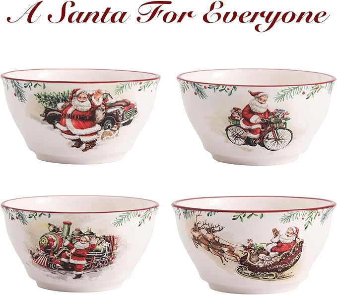 Bico Santa On The Way Cereal Bowls Set of 4, 25 oz Deep Ceramic Soup Bowls for Cereal, Salad, Noodles, Kitchen, Microwave and Dishwasher Safe, Gift for Housewarming and Christmas