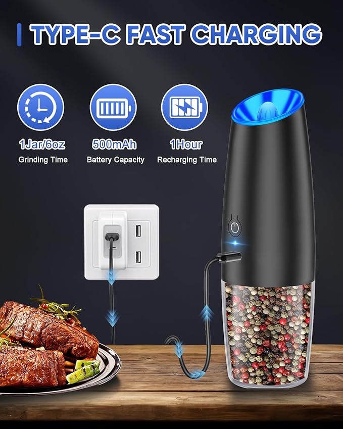RECHARGEABLE - Gravity Electric Pepper and Salt Grinder Set, Adjustable Coarseness, With LED Light, One Hand Automatic Operation, Stainless Steel Black, (2 Pack Black)