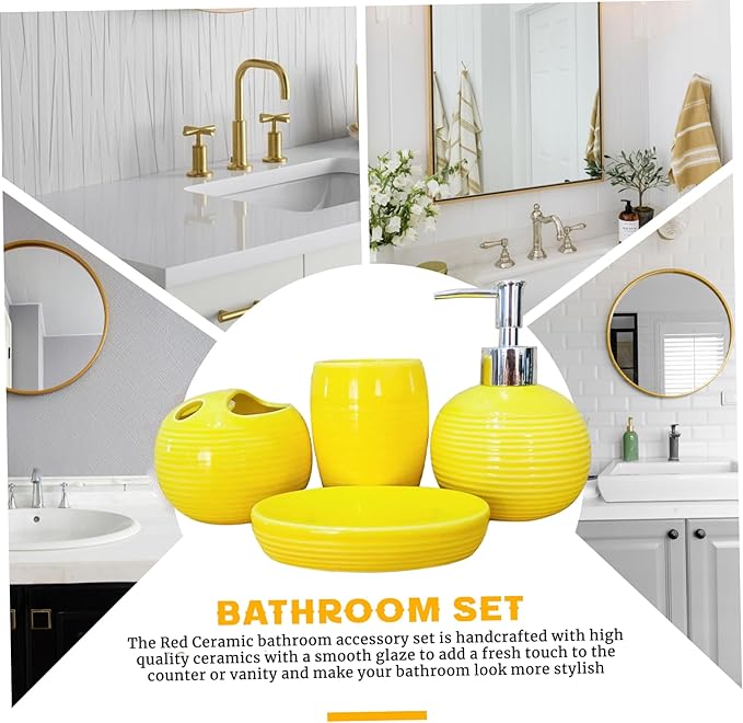 4Pcs/Set Yellow Bathroom Accessories Ceramic Vibrant Soap Dispenser with Toothbrush Holder & Soap Dish & Cup Complete Toothbrush Holder Set