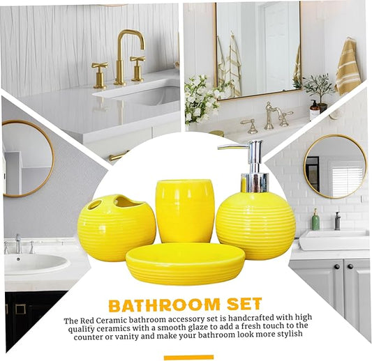 4Pcs/Set Yellow Bathroom Accessories Ceramic Vibrant Soap Dispenser with Toothbrush Holder & Soap Dish & Cup Complete Toothbrush Holder Set