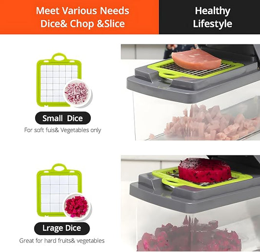 16-IN-1 Effortless Press-Handle Food Chopper with Thick ABS Container – Anti-Jam Design, Comfortable Grip, Veggie Cutter That Saves Your Wrists