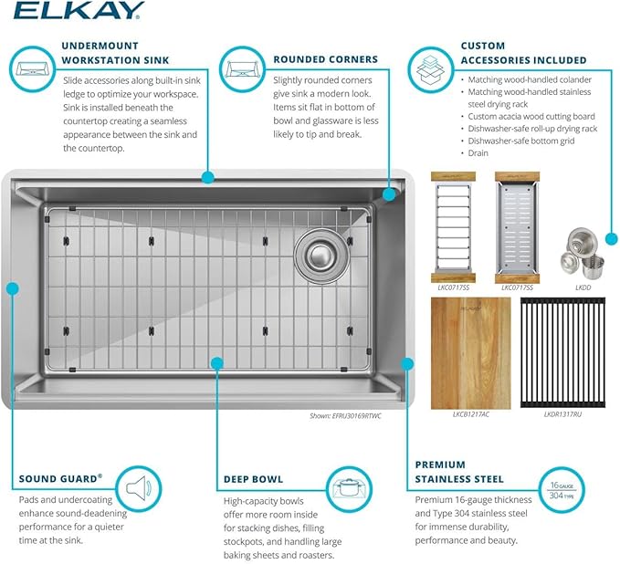 Elkay EFRU30169RTWC Crosstown 31-1/2" Undermount Single Basin Stainless Steel Kitchen Workstation Sink with Basin Rack, Basket Strainer, Colander, and Cutting Board - Stainless Steel