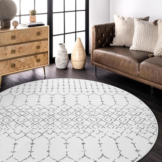 Lahome Moroccan Round Area Rug - 5Ft Machine Washable Soft Round Bedroom Rugs Non-Slip Throw Round Rugs for Living Room, Modern Geometric Print Low-Pile Circle Rugs for Office Dining Room Classroom