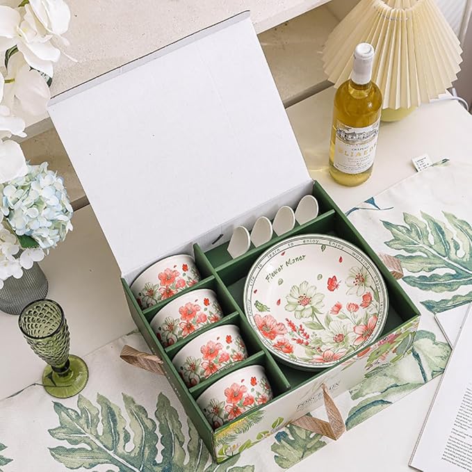 Premium Ceramic Dinnerware Set – Floral Bowls & Plates Set, Elegant Hand-Painted Design, Microwave Safe, Ideal for Wedding/Housewarming/Corporate Gifts (Blossoms, 4*bowls+spoons+plates)