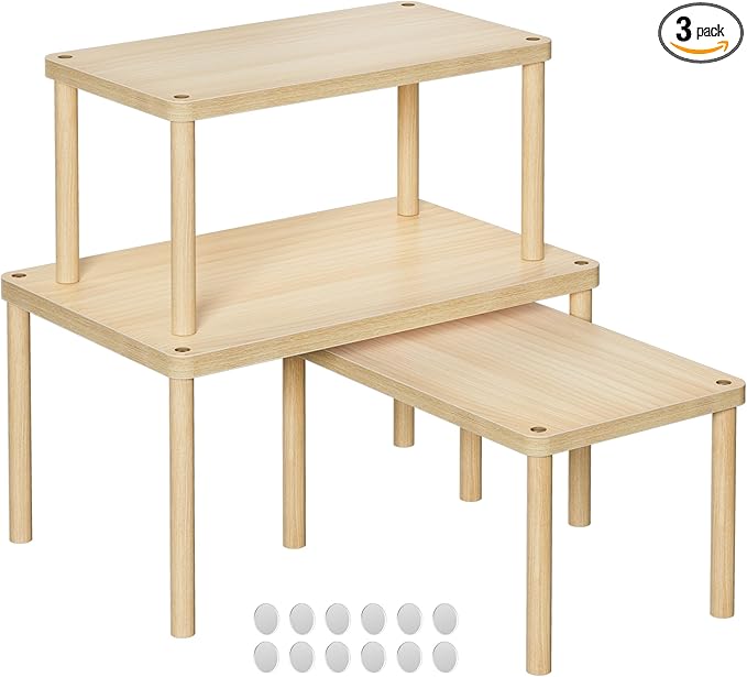 Cabinet Storage Organizer Shelf, Set of 3 Kitchen Cabinet Shelves, Stackable Cabinet Risers, Wood Spice Rack for Countertop, Under Sink, Bathroom, Pantry Organization with Non-Slip Mat