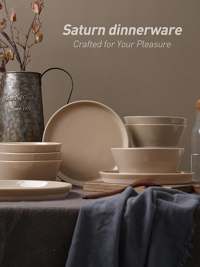 Famiware Saturn Dinnerware Set with Pasta Bowl, 16 Pieces Dish Set, Plates and Double Bowls Sets for 4, Chip and Scratch Resistant, Microwave and Dishwasher Safe Tableware, Cinnamon Brown