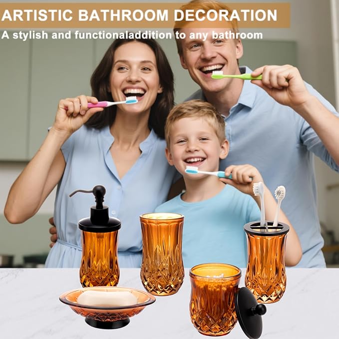 Bathroom Accessories Set,5 Pcs Amber Glass Bathroom Accessory Set, Complete Lotion Soap Dispenser, Toothbrush Holder, Soap Dish, Tumbler & Jar, Modern Bathroom Decor Sets,Gift for Home Apartment,Round