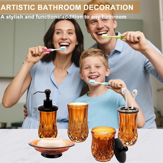 Bathroom Accessories Set,5 Pcs Amber Glass Bathroom Accessory Set, Complete Lotion Soap Dispenser, Toothbrush Holder, Soap Dish, Tumbler & Jar, Modern Bathroom Decor Sets,Gift for Home Apartment,Round