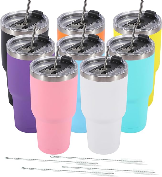 Dongni 30 oz Tumbler with Lid and Straw, Stainless Steel Tumblers Bulk, Insulated Vacuum Double Wall Travel Coffee Mug, Durable Powder Coated Tumbler Cups（Mix 8 pack）