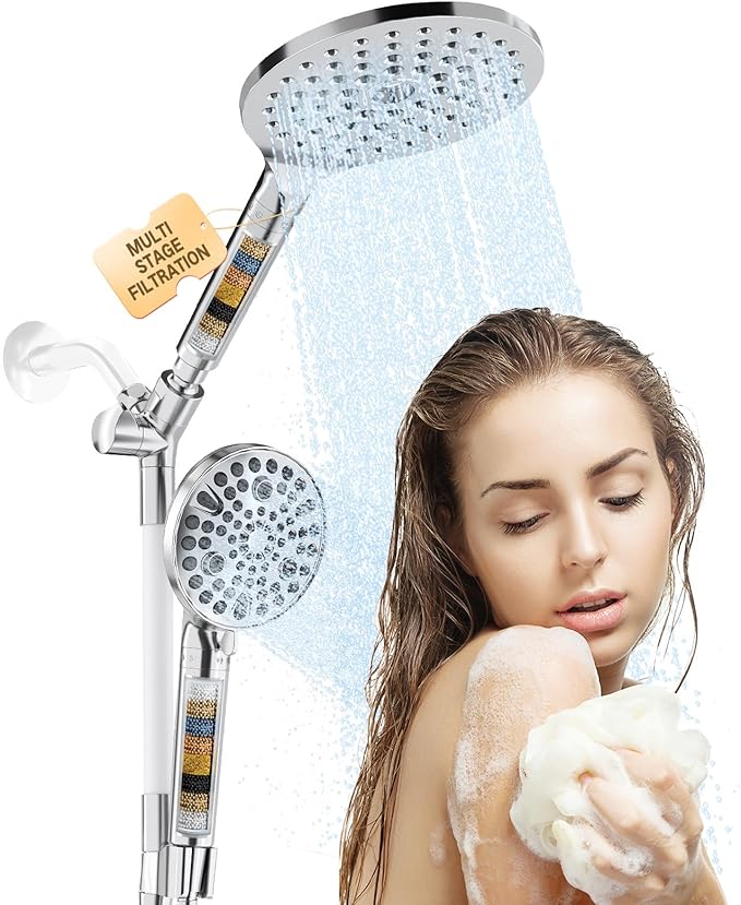 Filtered Rainfall Shower Head with Handheld Spray Combo, Dual Shower Head Combo High Pressure, Double Sprayer Filter Shower Head with Extra Long Hose & Adjustable Shower Arm (Chrome)