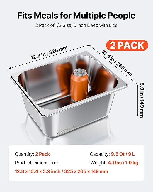 VEVOR 2 Pack Stainless Steam Hotel Pans, 1/2 Size Table Steam Pans With Lids, 6 Inch Deep, Anti Jam Restaurant Supplies Reusable Catering Storage for Home, Party, Restaurant, Hotel, Buffet