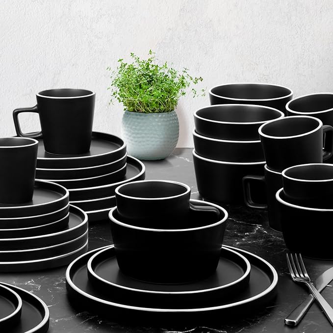 Zulay Kitchen Terra Stoneware 32-Piece Dinnerware Set, Artisanal Ceramic Plates and Bowls Set Crafted at 2300℉ - Service for 8, Black Matte with White Rim