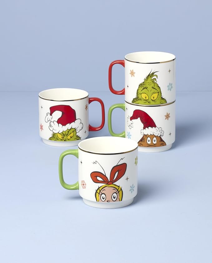 Lenox 898097 Merry Grinchmas Stackable Mugs, Service For 4, Assorted, Christmas, Drinkware Set, Holiday Glasses