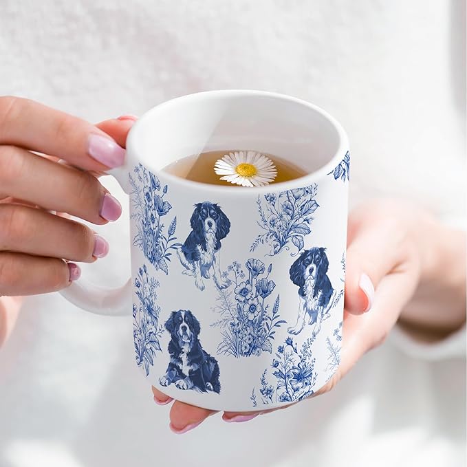 Cavalier King Charles Spaniel with Bernise Mountain Dog Blue French Toile Coffee Mug, Cavalier & Bernise Lover Gifts for Women, Blue Toile Coffee Cup, Birthday Gifts for Dogs Mom, Dog Dad, 15 oz