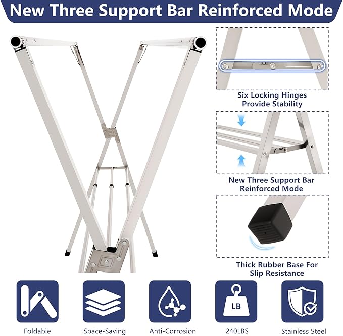 95 inches Foldable Clothes Drying Rack, Heavy Duty Stainless Steel Laundry Drying Rack for Indoor Outdoor, Clothes Rack Adjustable Length. 3 Additional Reinforcement Bars with 20 Windproof Hooks