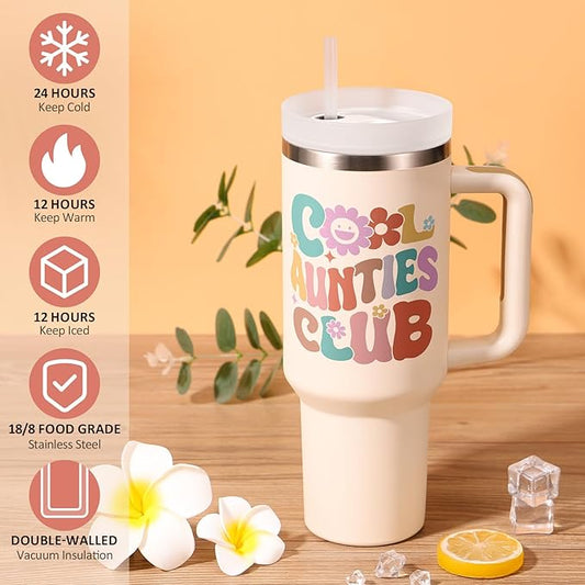 Aunt Gifts, Christmas Gift from Niece Nephew, 40 OZ Tumbler Best Aunts Gifts for Auntie, Cool Aunties Club Insulated Cup with Handle Unique Funny Birthday Gift for Women, New Auntie, Aunt to Be