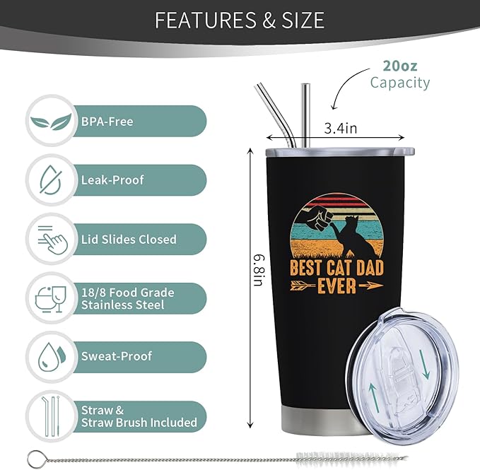 Cat Dad Gifts for Men, Christmas Gifts for Cat's Daddy, Funny Gift for Cat Lovers, Best Cats Dad Ever Gift, 20 oz Stainless Steel Tumbler