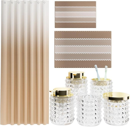 Bathroom Sets with Shower Curtain and Rugs and Accessories, Glass Bathroom Accessories Set Clear Bathroom Set Bathroom Sets, Beige Bath Mat and Diamond Soap Dispenser for Bathroom Decor