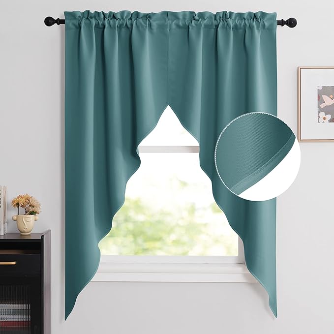 NICETOWN Blackout Window Treatment Swags - Tailored Scalloped Valance/Swags Window Topper Curtains for Classroom Decor/Bedroom/Home Office/Christmas (2 Panels, 36 by 63 inches per Panel, Sea Teal)