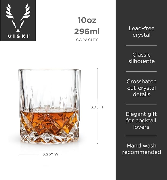 Viski Admiral Crystal Whiskey Tumbler Set, Classic Lowball Cocktail Glasses, Crystal Clear Drinking Glasses for Bourbon, Scotch, Spirits, Neat Pours, Gifts for Men, Home Bar, 10 oz, Set of 4