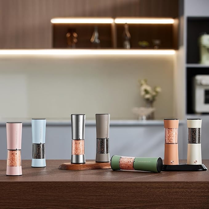 Gravity Electric Salt and Pepper Grinder Set with USB-C Charging Base,Rechargeable Automatic Stainless Steel Pepper Mill Grinder with LED Light, 2pack+Peach Orange (Peach Orange +Cream)