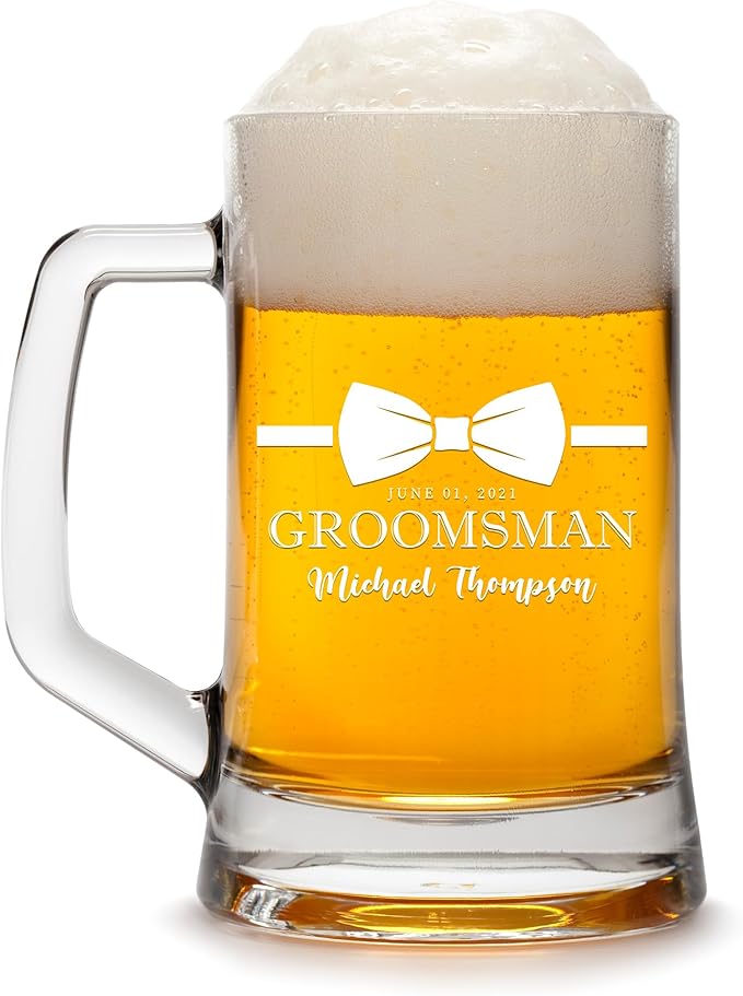 Groomsmen Gifts - Personalized Beer Mugs - Groomsmen Proposal Gift Idea - Customized Gift for Groom, Best Man, Groomsman - Custom Engraved Beer Mugs for Grooms Men - Groomsmen Beer Glasses (Design C)