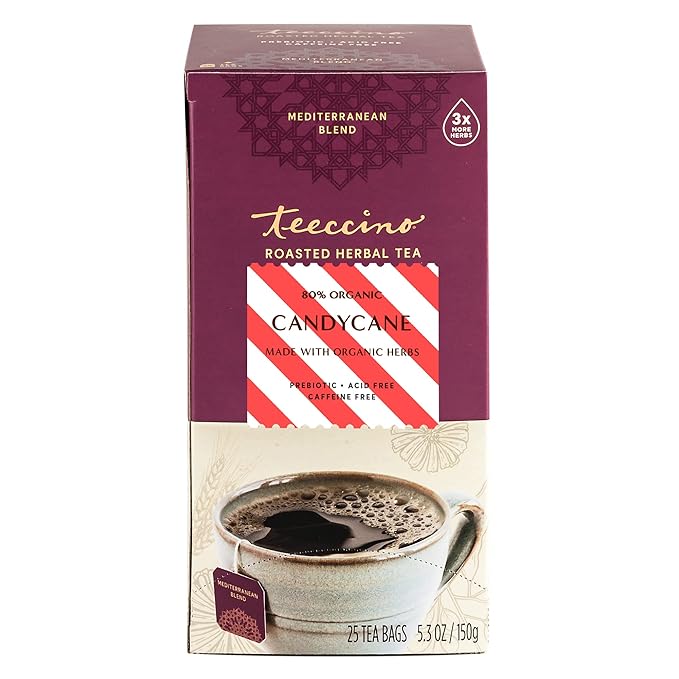 Teeccino Candy Cane Herbal Tea - Favorite Dessert Beverage That’s Prebiotic, Caffeine-Free & Acid Free, Medium Roast, 25 Count