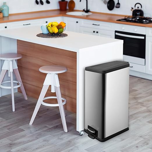 12 Gallon Trash Can, Stainless Steel Trash Can with Fingerprint-Resistant, Removal Inner Buck &Soft Close Plastic Lid, Step Garbage Can for Kitchen and Office, 45 Liter Capacity