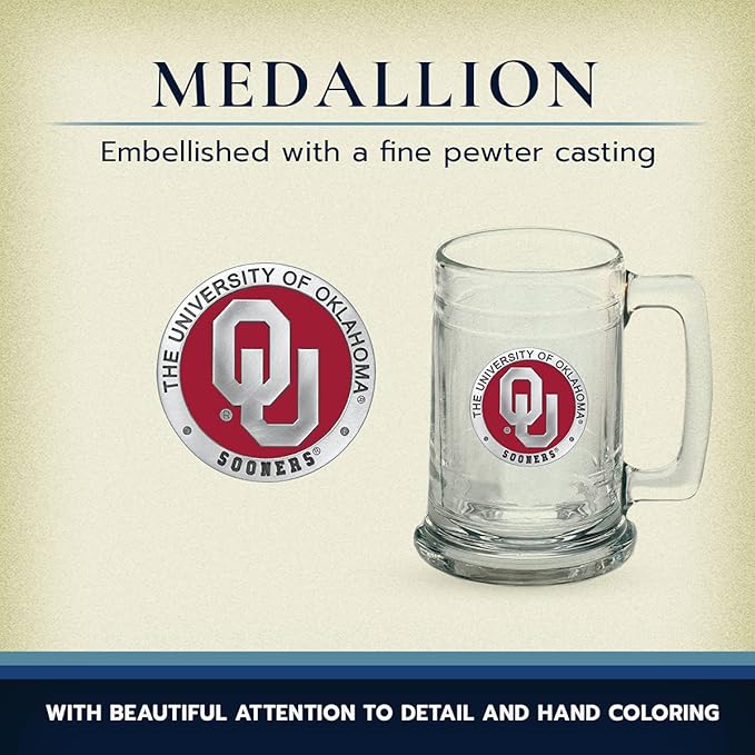 Heritage Pewter Oklahoma Beer Stein Glass | 15 Ounce German-Style Beer Glass | Intricately Crafted Metal Pewter Alma Mater Inlay