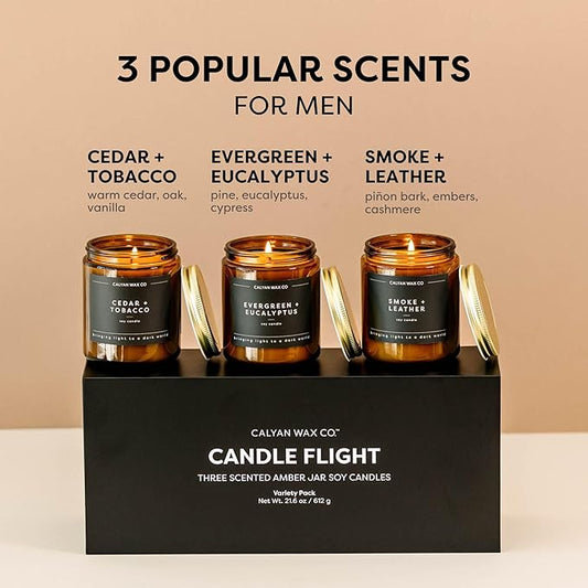Calyan Wax Co. Masculine Scented Candle Gift Set - 3 Scented Candles - 57 Hour Burn - Luxury Non Toxic Soy Wax Candles - Long Lasting Amber Glass Jar Candle for Home - 7.2oz