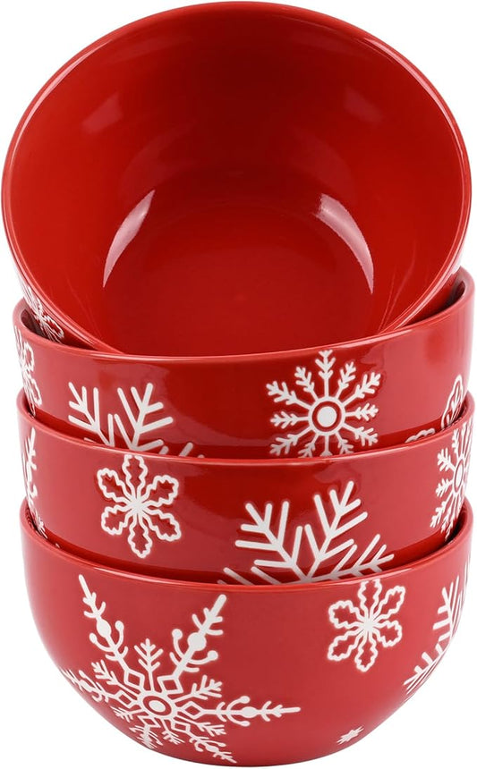 Ollieroo 4 Pieces Ceramic Christmas Cereal Bowls Set, 5.6 Inch White Red Snowflake Xmas Holiday Porcelain All Purpose Dessert Soup Bowls Set for Pasta, Rice, Salad, Microwave and Dishwasher Safe