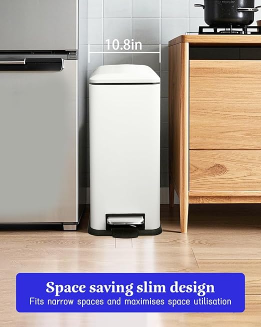 12 Gallon Slim Kitchen Trash Can, Stainless Steel Trash Can with Removal Inner Bucket and Soft-Close Lid, Pedal Garbage Can 45 Liter, White